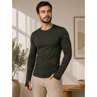 MERINOWOOL 03 štíhle funkčné pánske tričko s dlhými rukávmi KHAKI